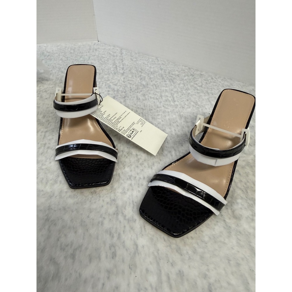 The Drop Avery Black White Croc Embossed Square Toe Block Heel Sandals 5.5